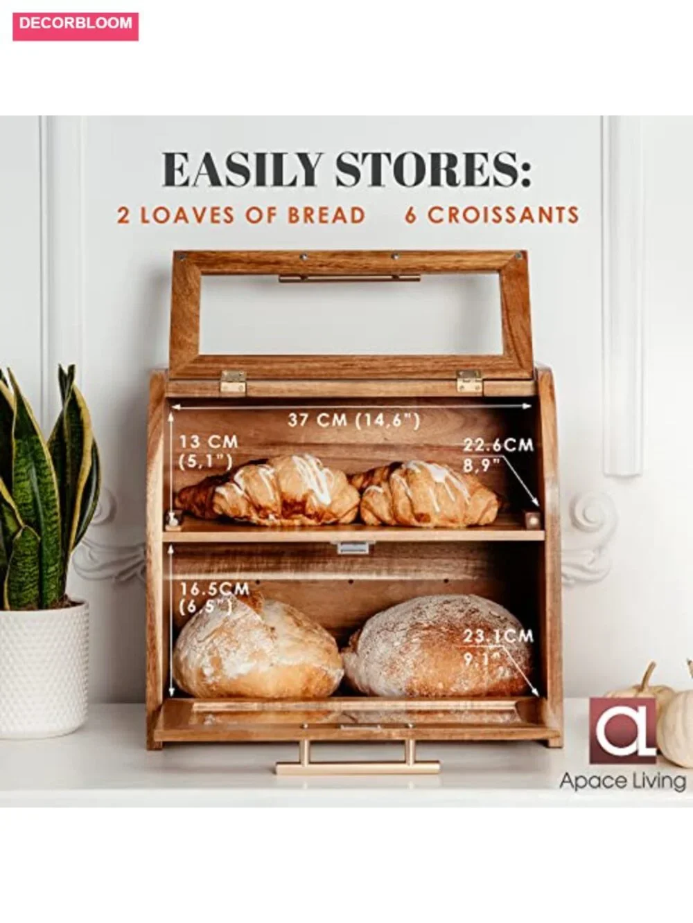 Acacia Wood Bread Box with Plexiglass Windows + Bamboo Bread Slicer
